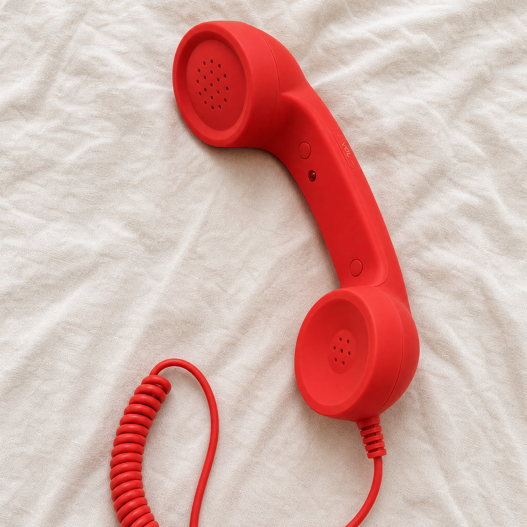The red DialBop handset, inner face up: earpiece grille, answer button, LED, volume rocker and coiled cord