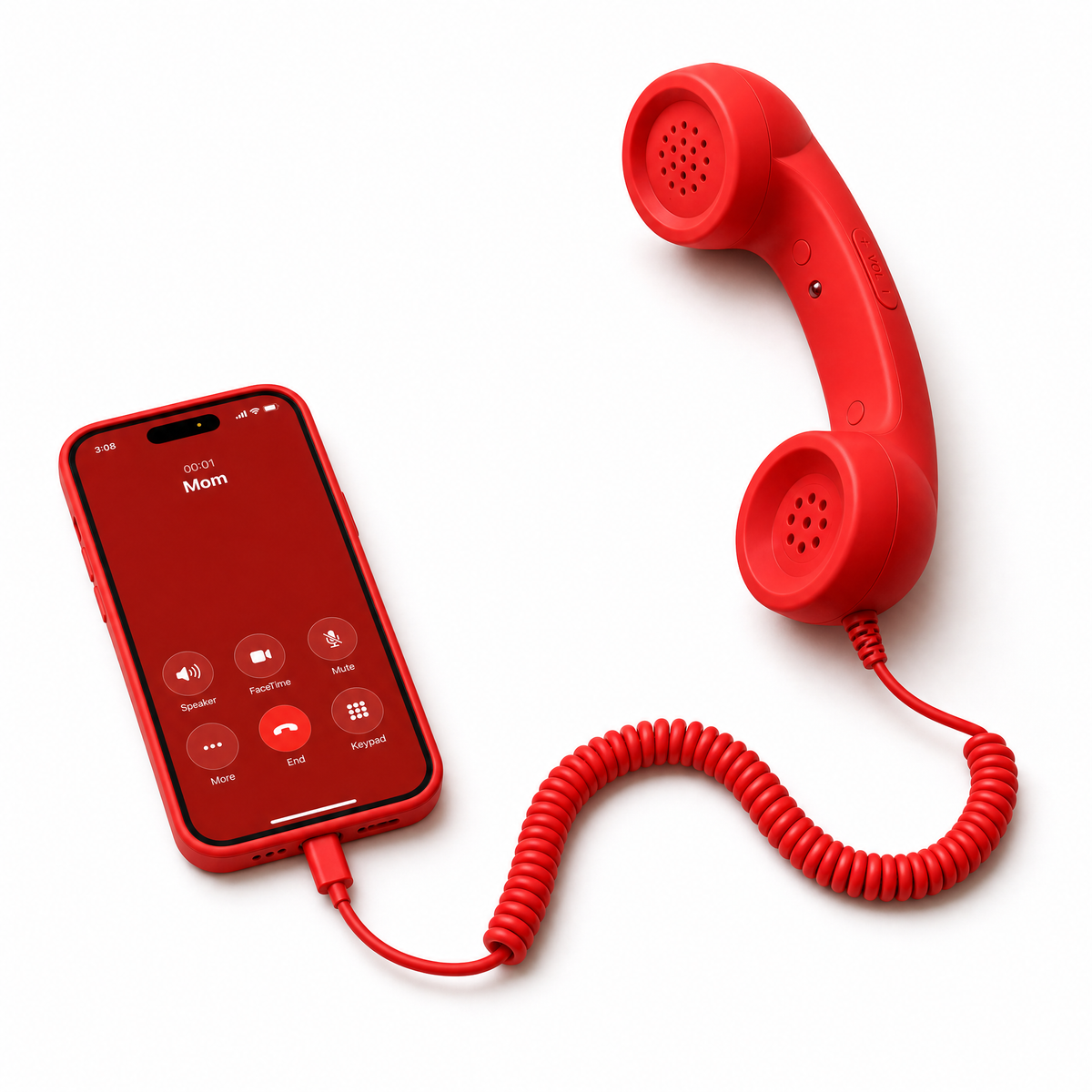 DialBop red retro handset plugged into an iPhone on a call with Mom