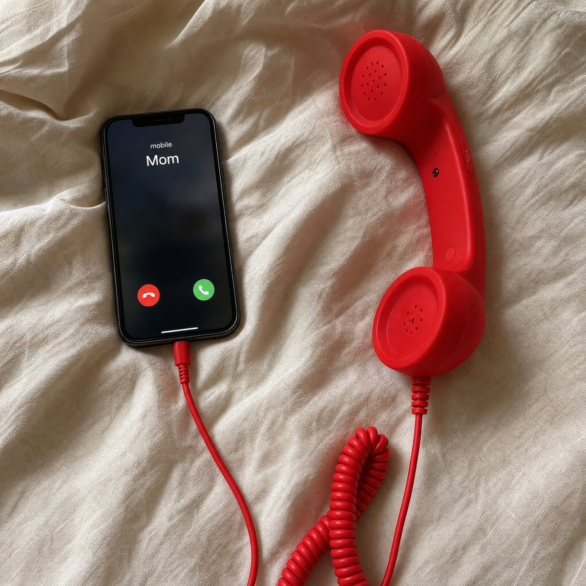 Retro wired phone handset connected to a smartphone