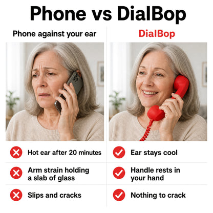 Phone vs DialBop: hot ear, arm strain and cracked screens versus a cool ear, a handle that rests in your hand and nothing to crack