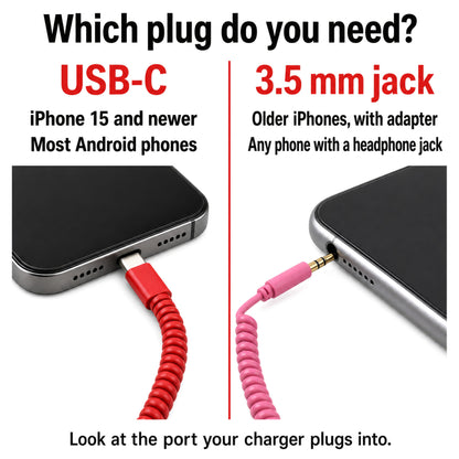 Which plug do you need? USB-C for iPhone 15 and newer and most Android phones; 3.5 mm jack for older iPhones with adapter and any phone with a headphone jack