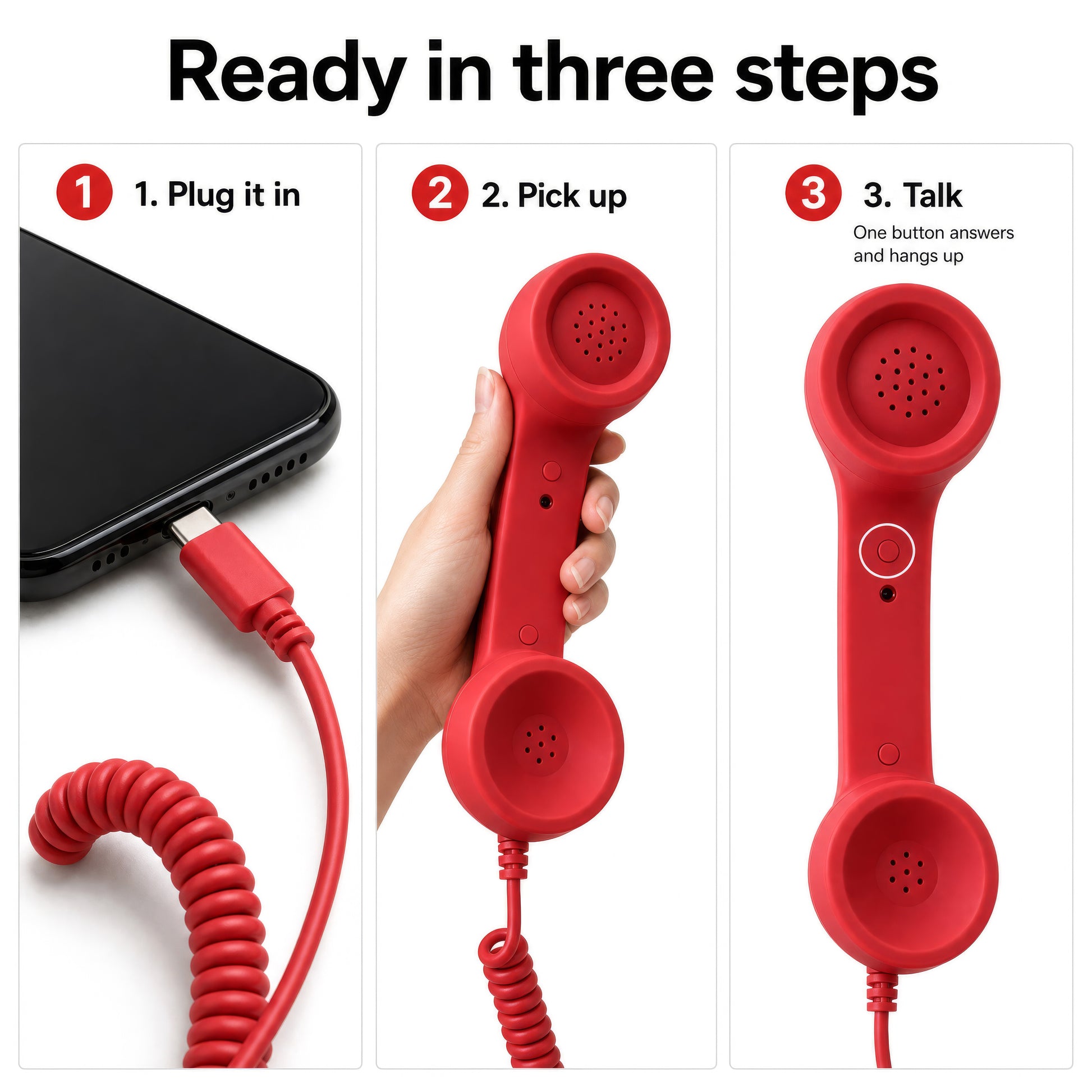 Three steps to use wired retro phone handset