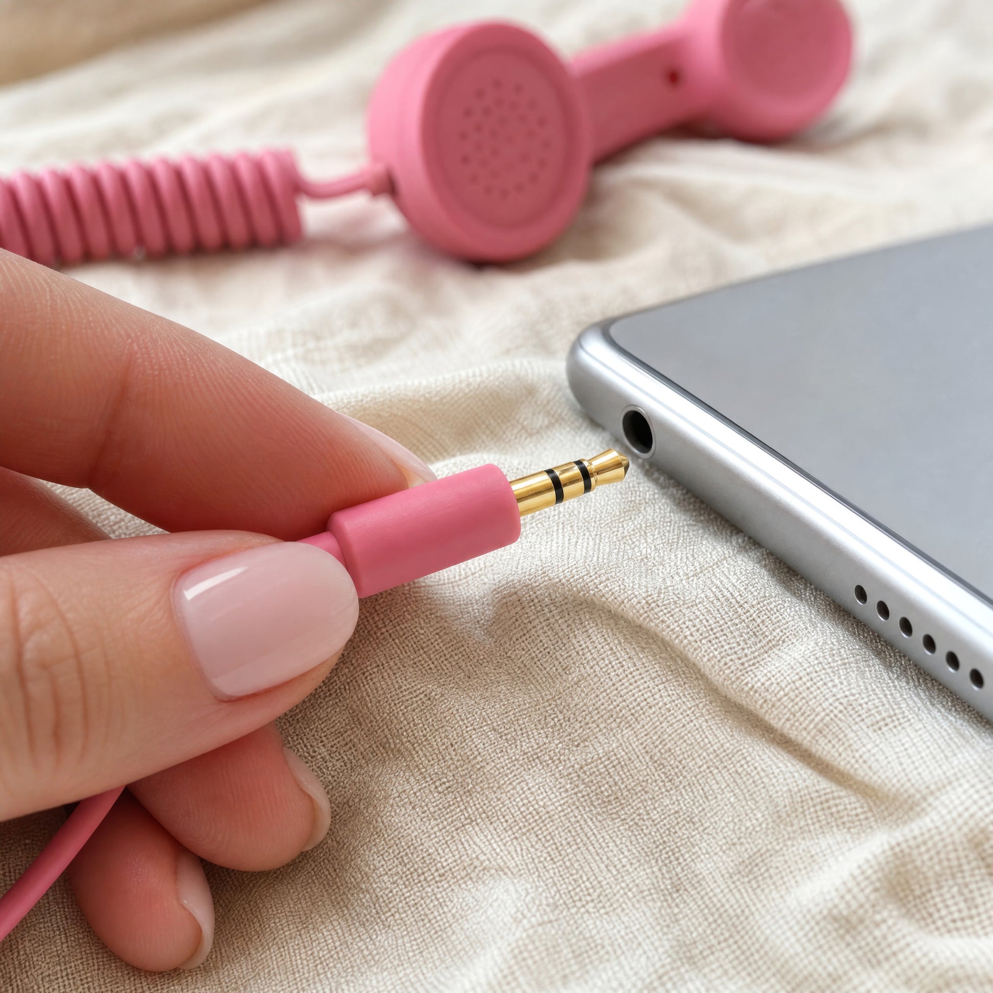 The 3.5 mm jack on the pink DialBop cord going into the headphone port of a phone