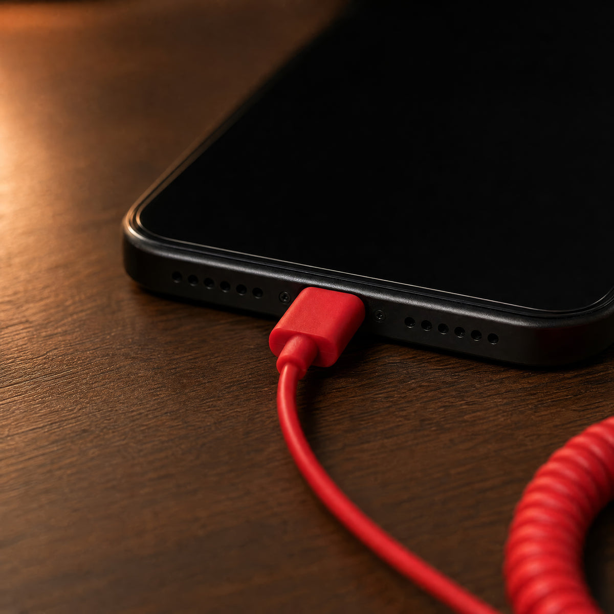 The red USB-C plug on the DialBop cord fully inserted into the charging port of a phone on a dark wooden desk