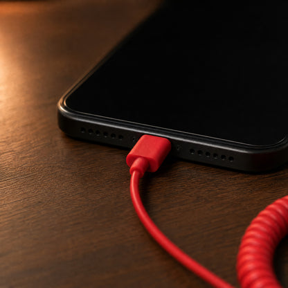 The red USB-C plug on the DialBop cord fully inserted into the charging port of a phone on a dark wooden desk