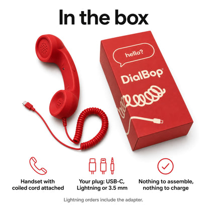 In the box: handset with coiled cord attached and your plug, USB-C, Lightning or 3.5 mm. Lightning orders include the adapter