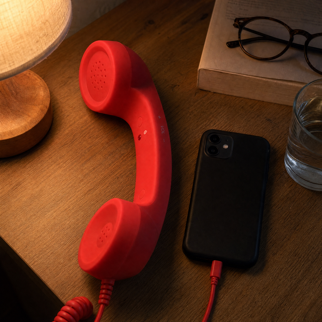 Red retro handset on bedside table connected to smartphone