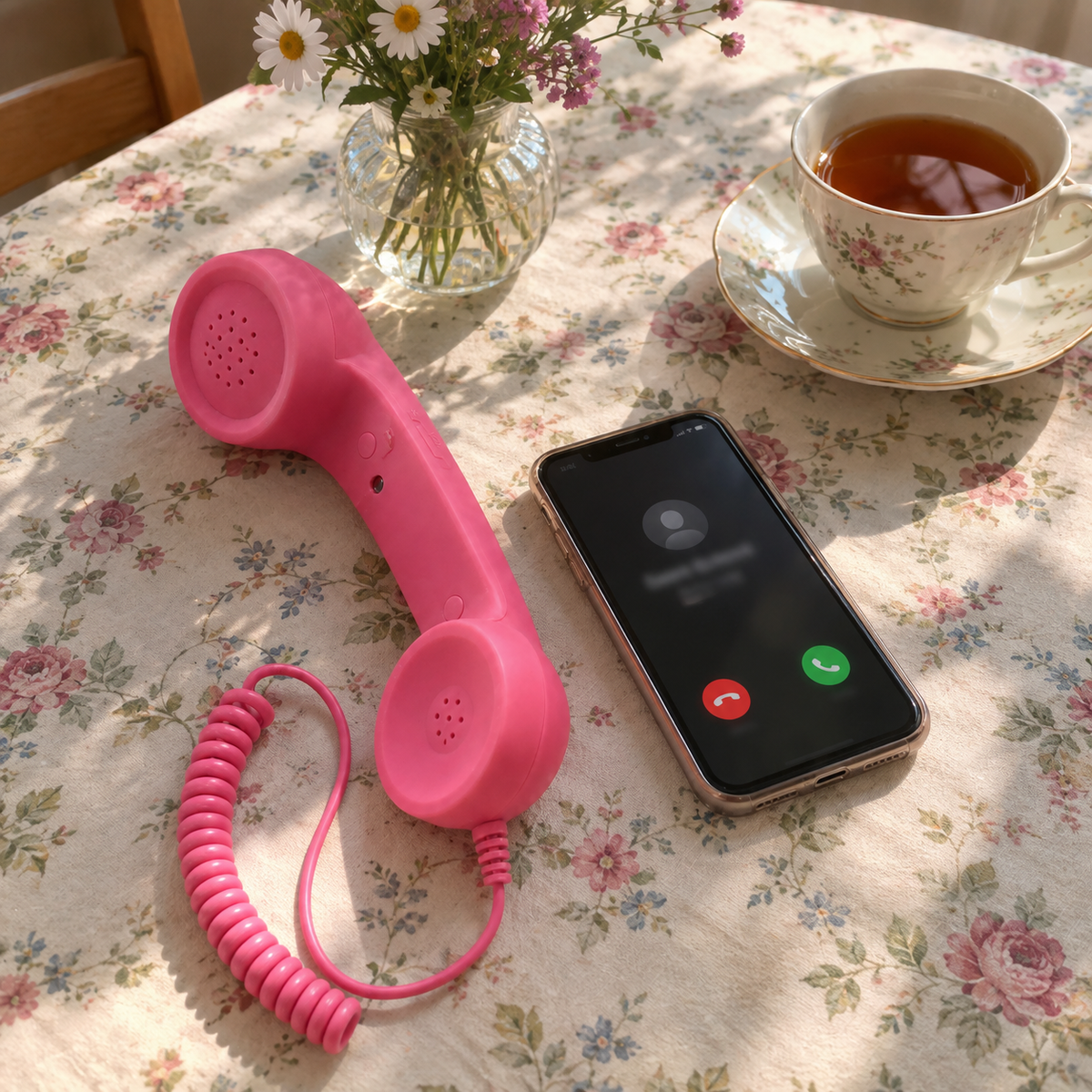 The pink DialBop handset beside a phone with an incoming call on a floral tablecloth, with a cup of tea