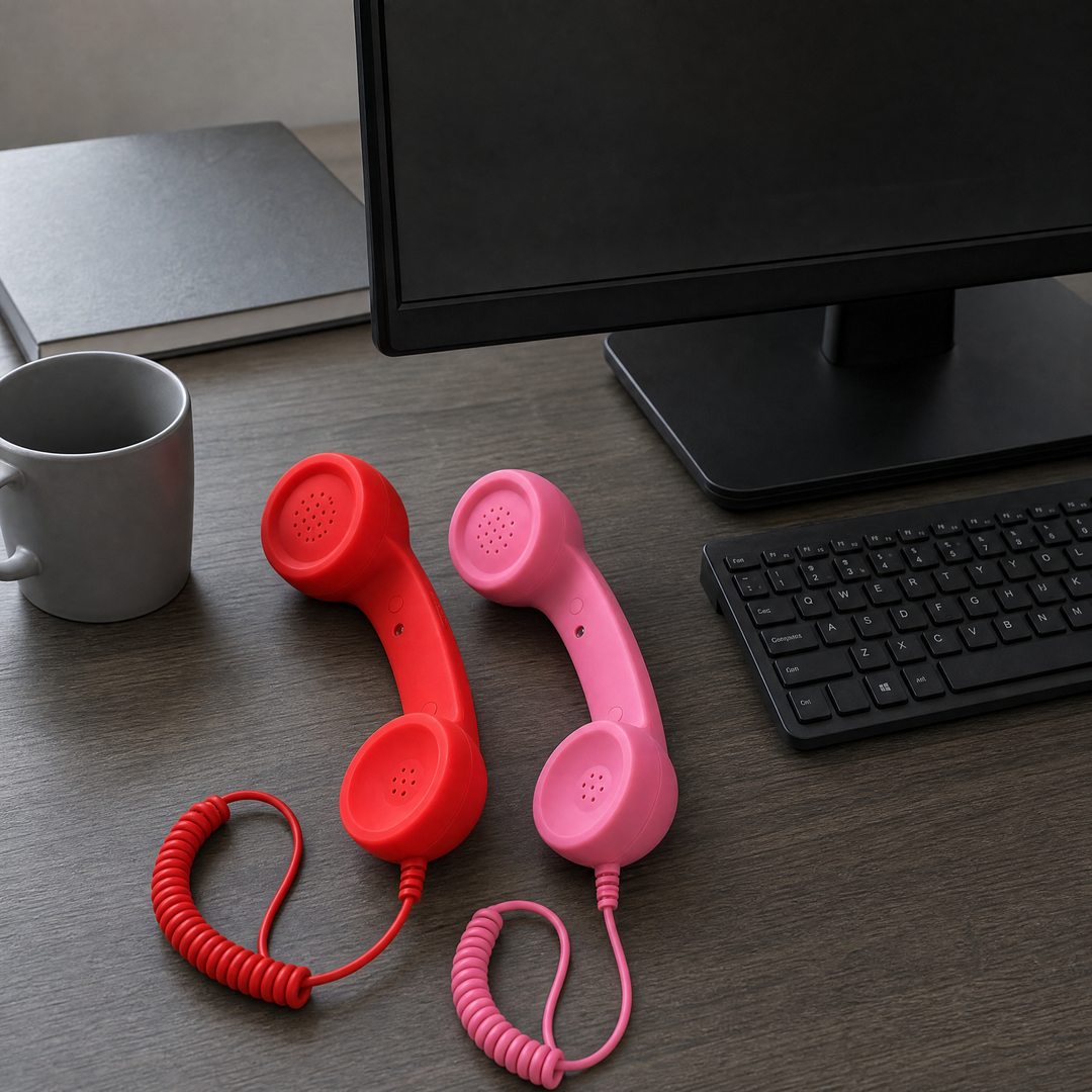 Red and pink DialBop handsets side by side on a grey and black desk, the only colour in the frame