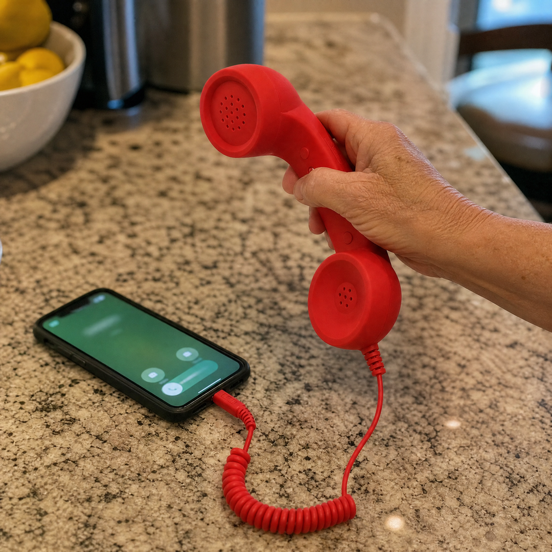 A hand reaches for the red DialBop handset plugged into a ringing phone on a kitchen counter