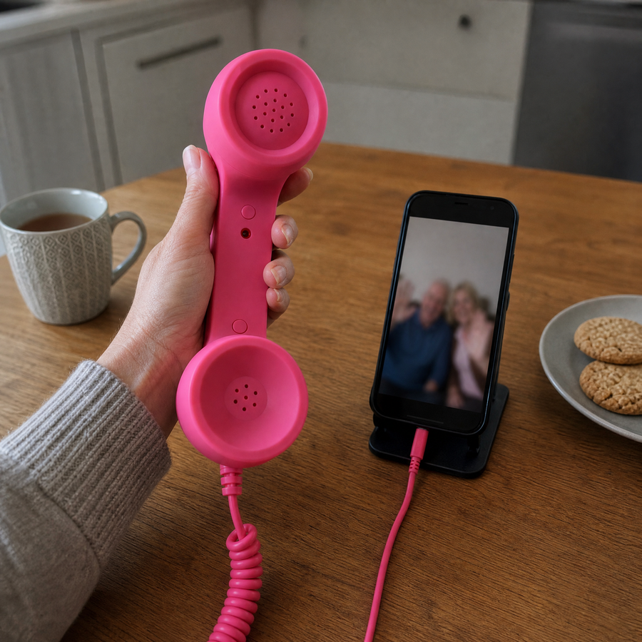 Pink wired handset connected to smartphone on table