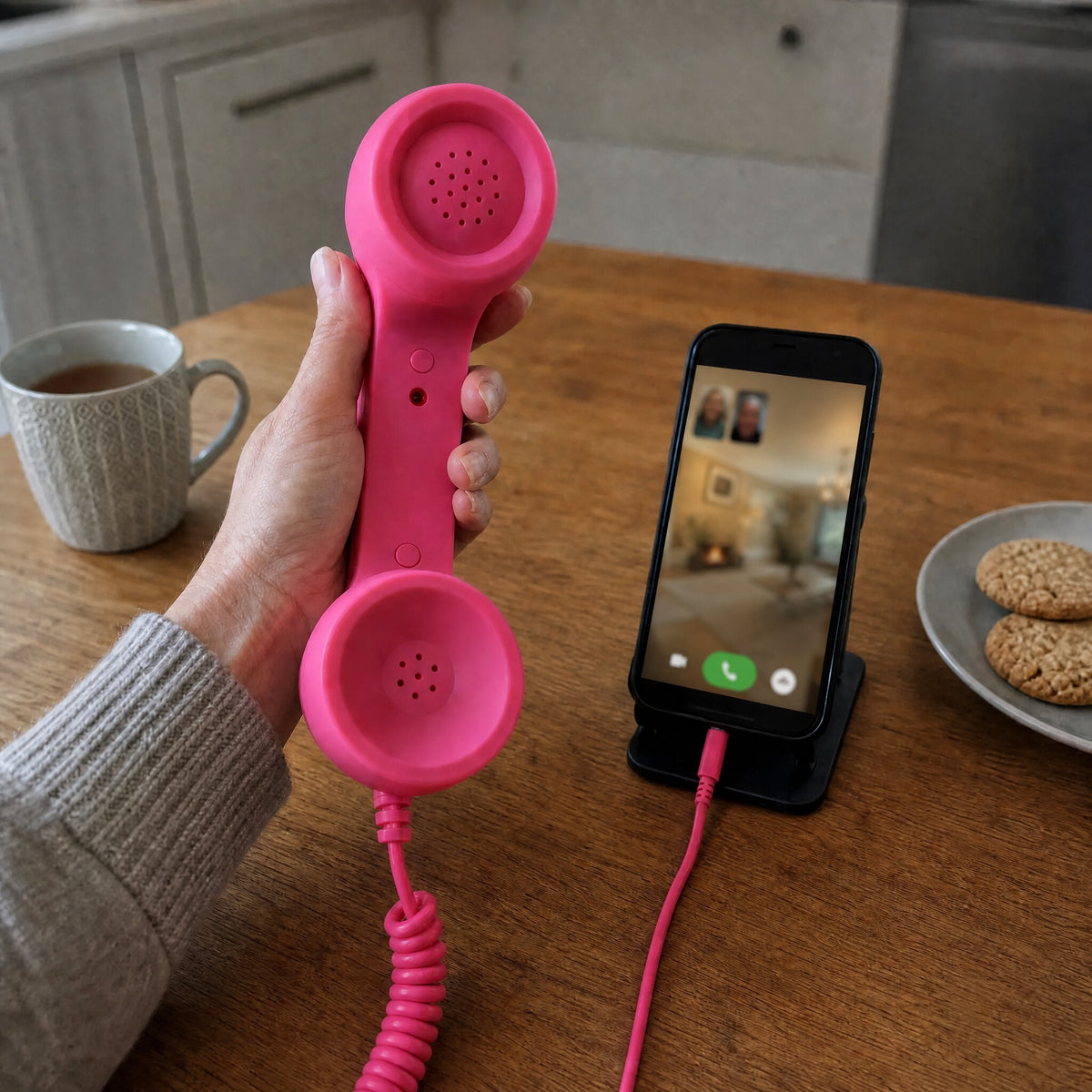 A pink DialBop handset held in one hand during a video call, the phone on a stand with the cord plugged in