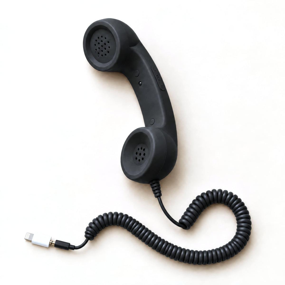 DialBop Retro Handset in matte black with coiled cord and 3.5 mm jack and Lightning adapter