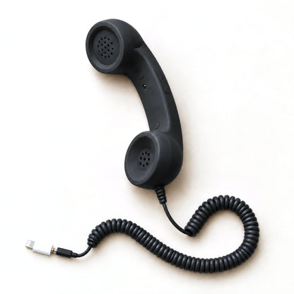 DialBop Retro Handset in matte black with coiled cord and 3.5 mm jack and Lightning adapter