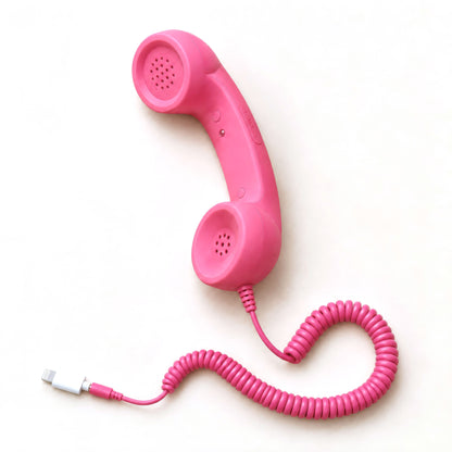 DialBop Retro Handset in bubblegum pink with coiled cord and 3.5 mm jack and Lightning adapter