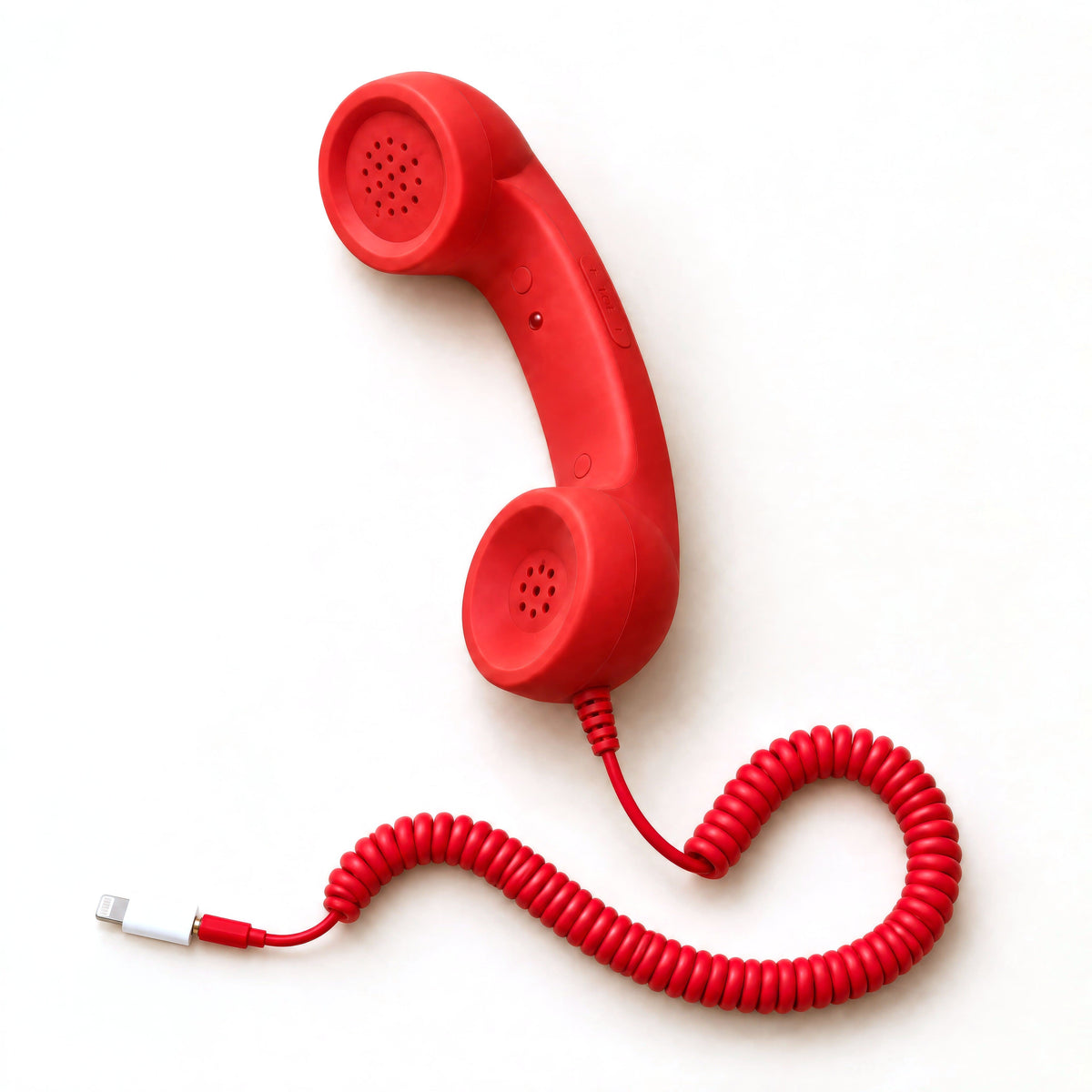 DialBop Retro Handset in signal red with coiled cord and 3.5 mm jack and Lightning adapter